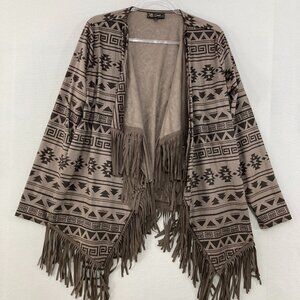 DG2 Diane Gilman Large Boho Tribal Southwestern Fringe Faux Suede Open Jacket